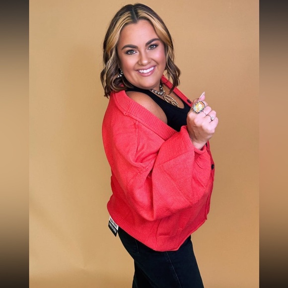 POL Candy Apple Dropped Shoulder Button Down Hacci Relaxed Fit Pullover Cardigan - Picture 3 of 10